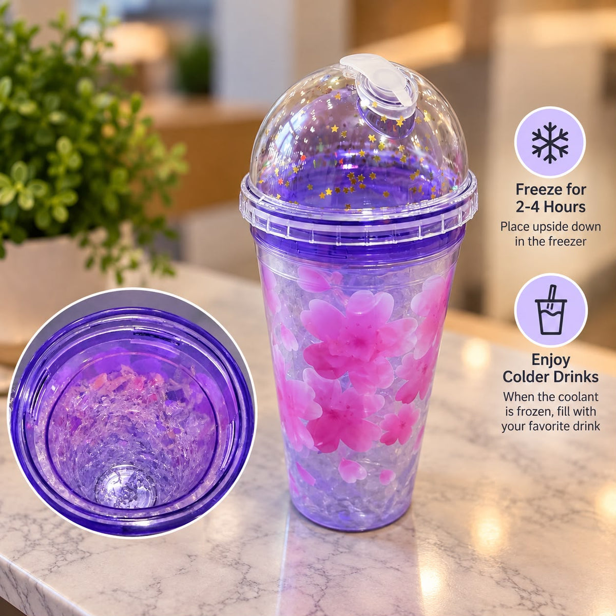 Flowers Frosty Plastic Cup with Straw 500ml