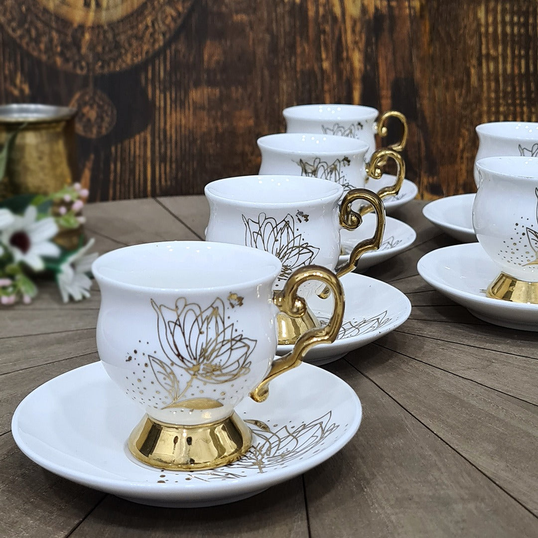 Golden Petals Porcelain Coffee Cups & Saucers Set (6pcs)
