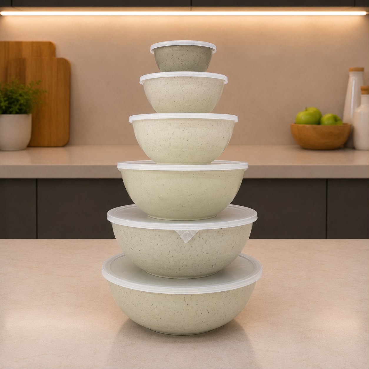 Gourmet Beige Plastic Bowls with Lids Set (6pcs)