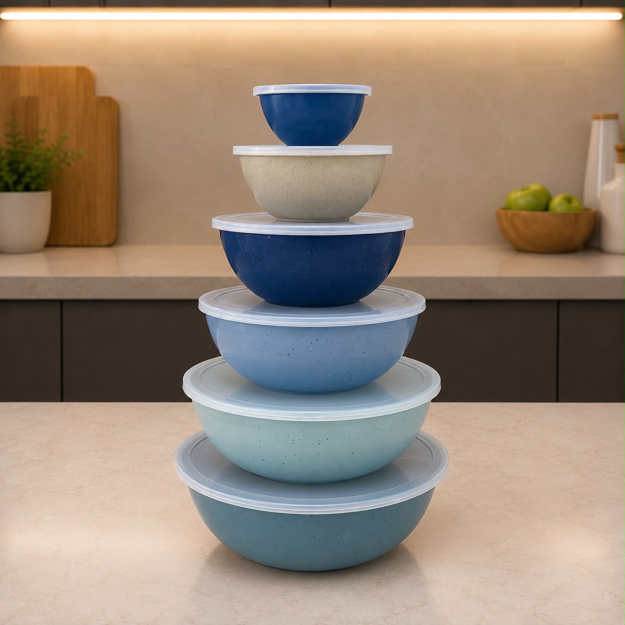 Gourmet Blue Plastic Bowls with Lids Set (6pcs)