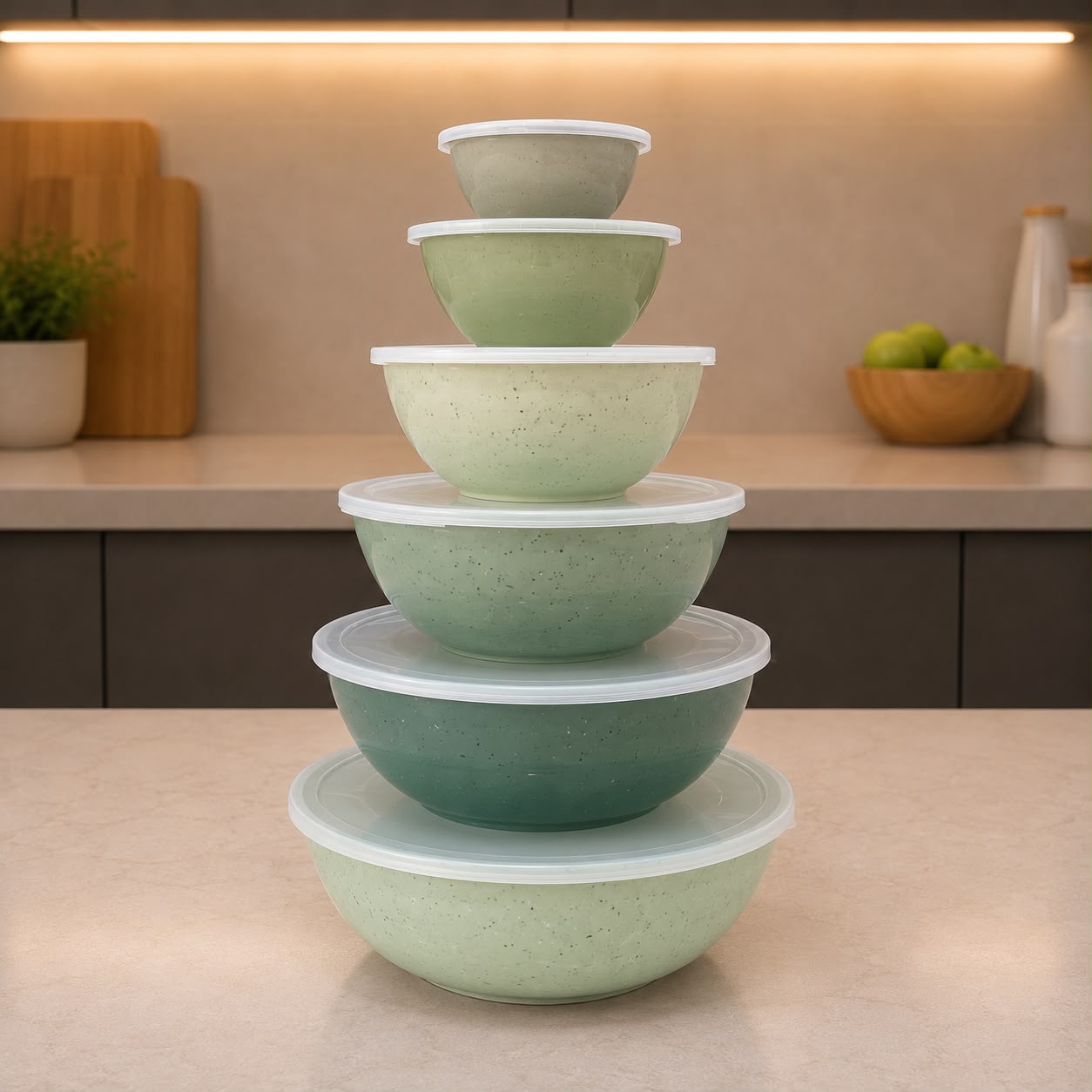 Gourmet Green Plastic Bowls with Lids Set (6pcs)