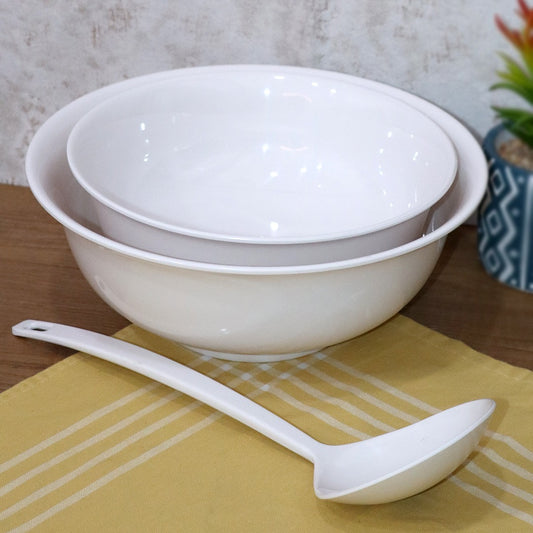 White Melamine Large Bowls & Spoon Set