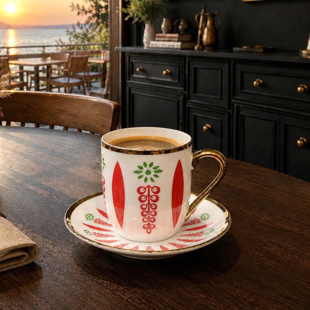 Retro Red Porcelain Coffee Cups Set (6 cups & 6 Saucers)