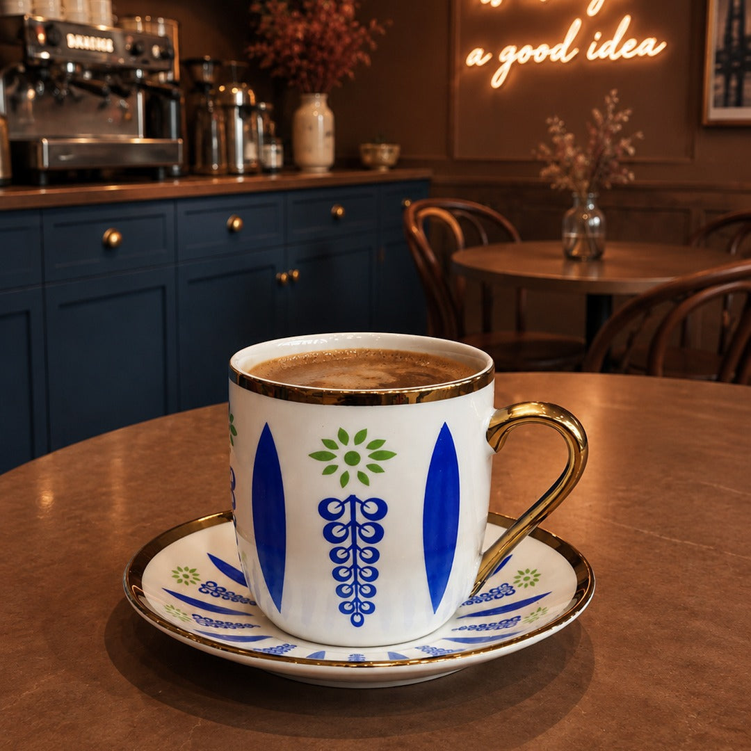 Retro Blue Porcelain Coffee Cups Set (6 cups & 6 Saucers)