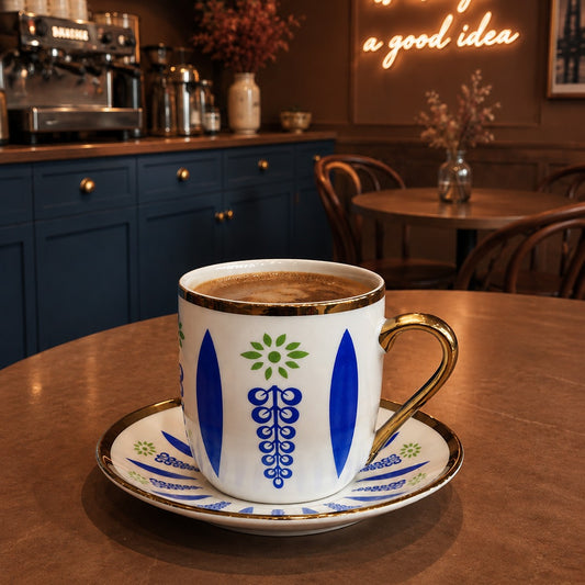 Retro Blue Porcelain Coffee Cups Set (6 cups & 6 Saucers)