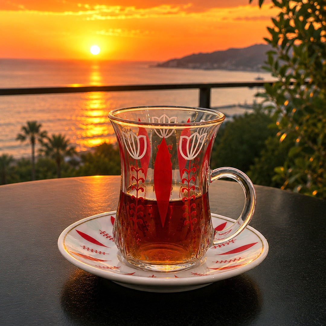 Retro Red Glass Tea Cups Set (6 cups & 6 Saucers)