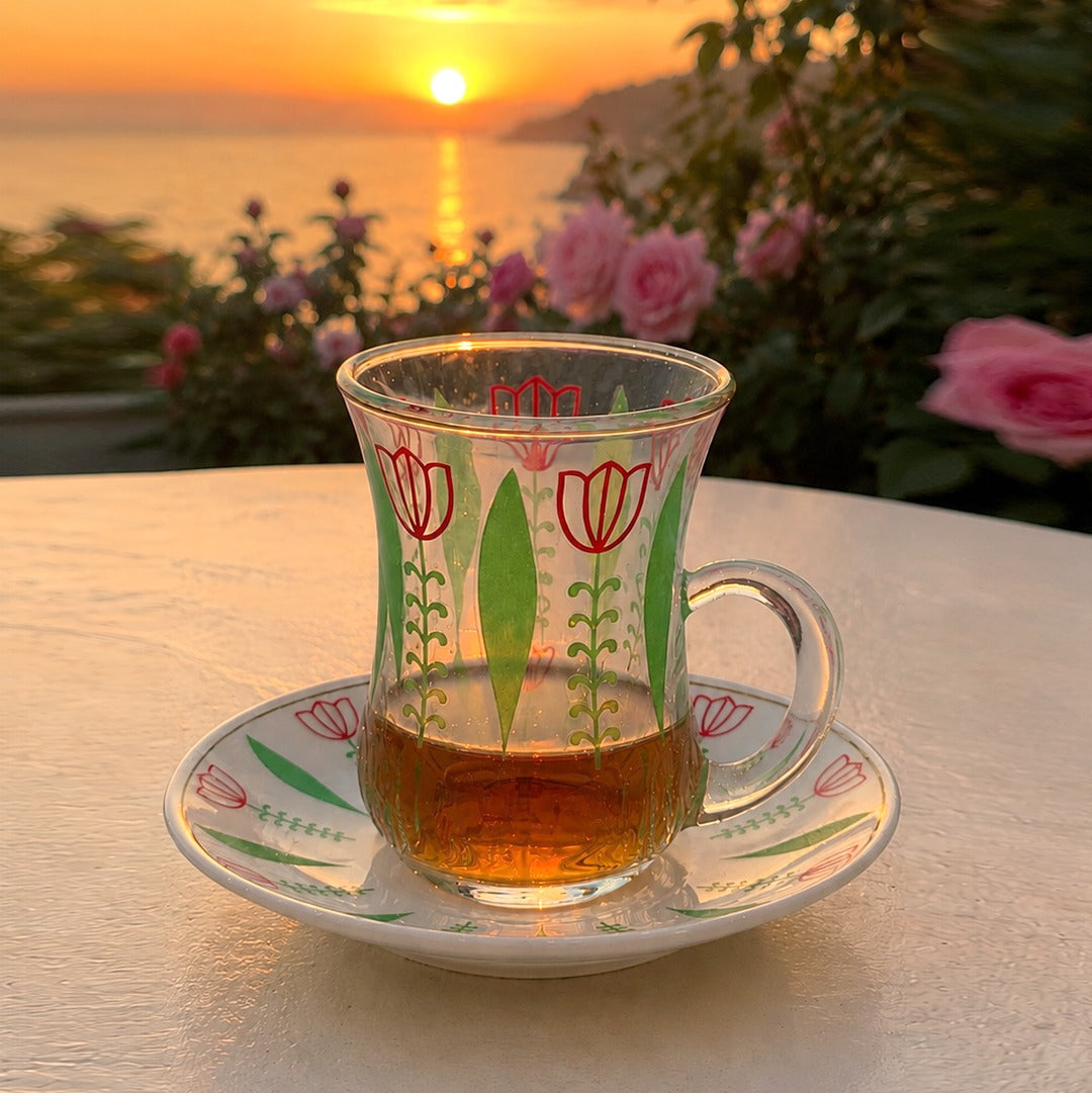 Retro Green Glass Tea Cups Set (6 cups & 6 Saucers)