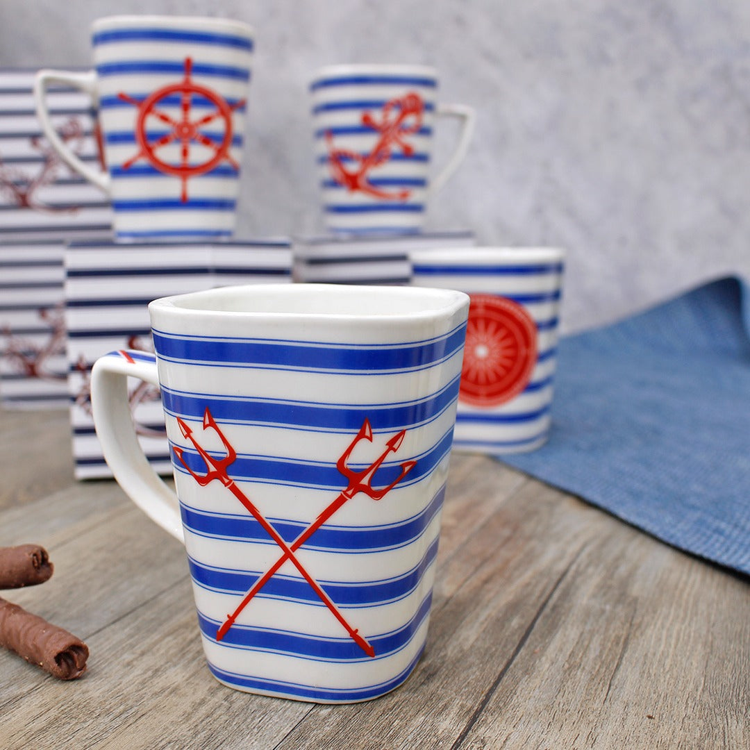 Navy & Red Sea Porcelain Mugs with Box