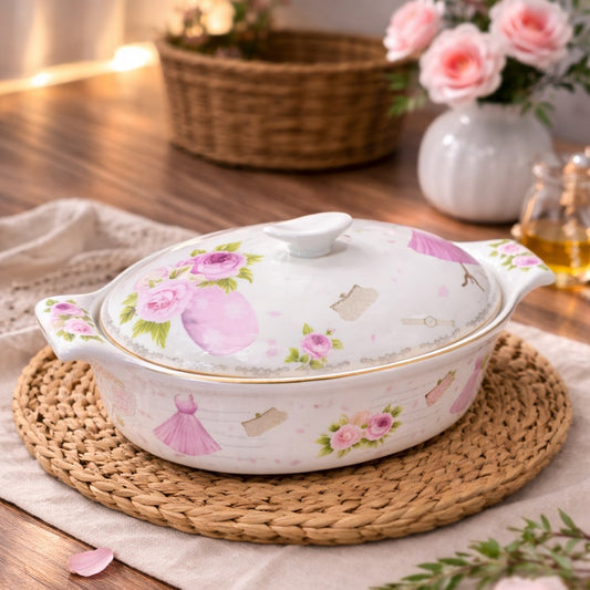 Pink Flowers Porcelain Oval Casserole with Lid