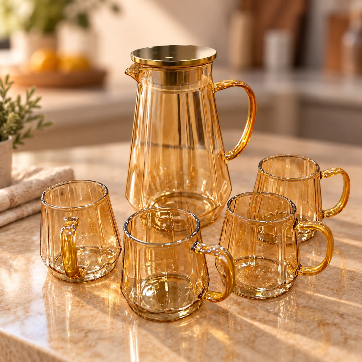 Golden Glass Pitcher & Cups Set (5pcs)