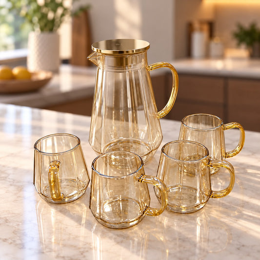 Golden Glass Pitcher & Cups Set (5pcs)