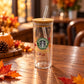 Starbucks Gold Autumn Glass Cup with Lid & Straw 420ml