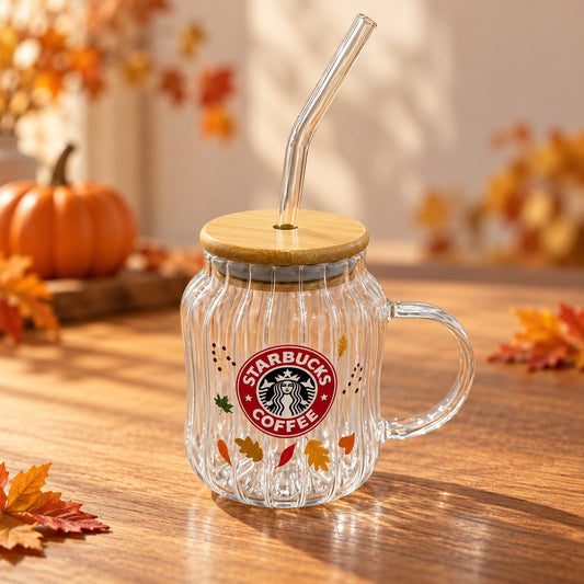 Starbucks Autumn Glass Cup with Lid & Straw 500ml