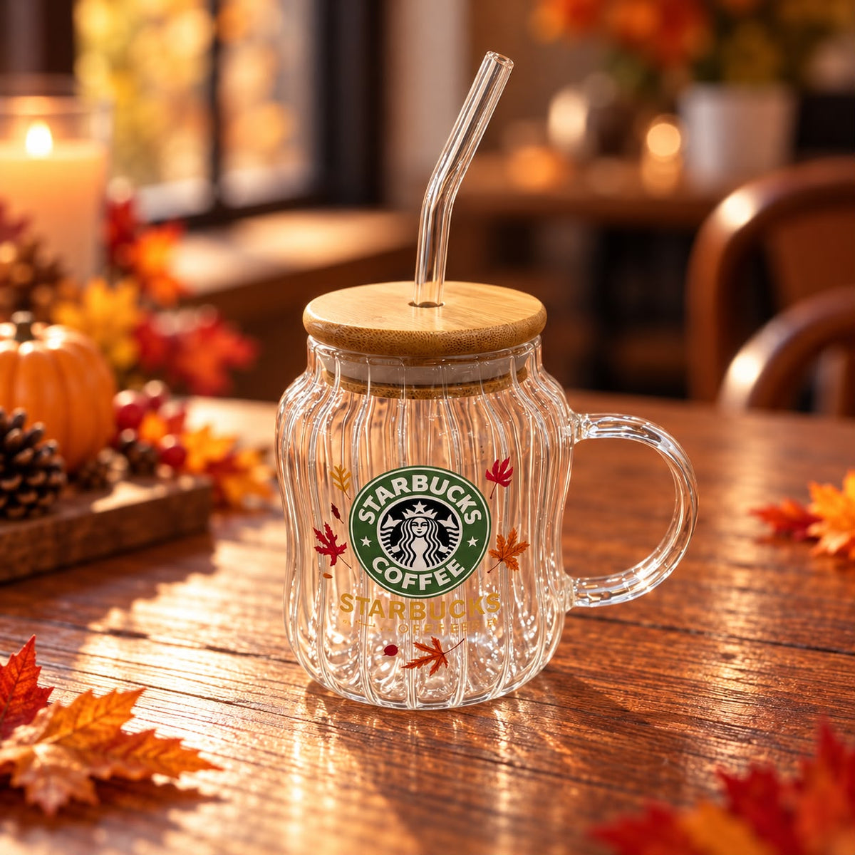 Starbucks Gold Autumn Glass Cup with Lid & Straw 500ml
