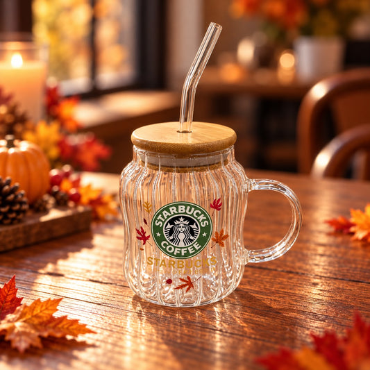 Starbucks Gold Autumn Glass Cup with Lid & Straw 500ml