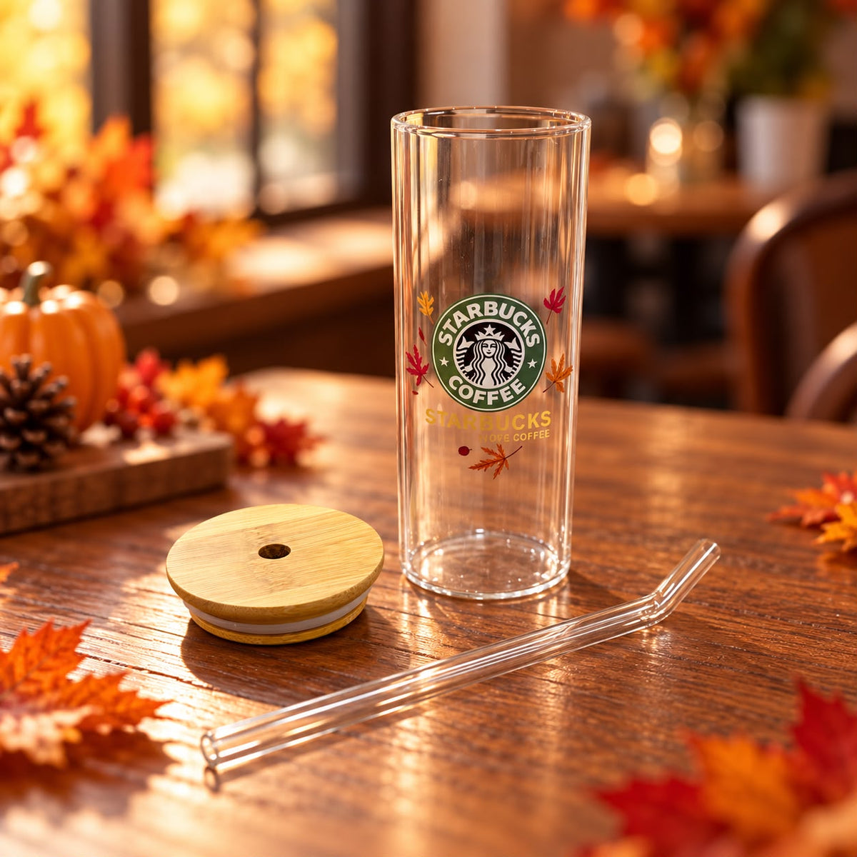 Starbucks Gold Autumn Glass Cup with Lid & Straw 420ml