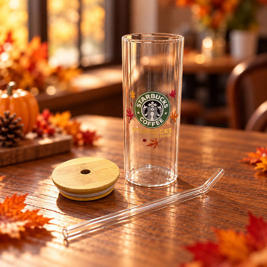 Starbucks Gold Autumn Glass Cup with Lid & Straw 420ml