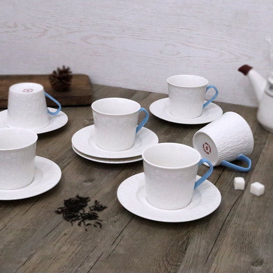 Blue Handle Tea Cups Set 220ml (6 cups & saucers)